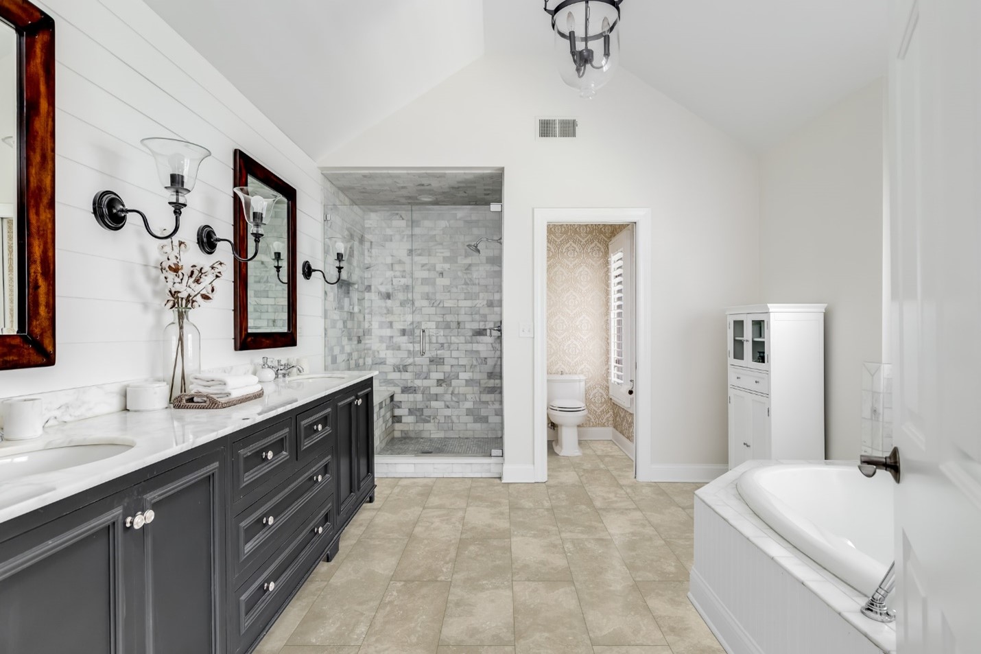 A bathroom wall tile with a tub and shower